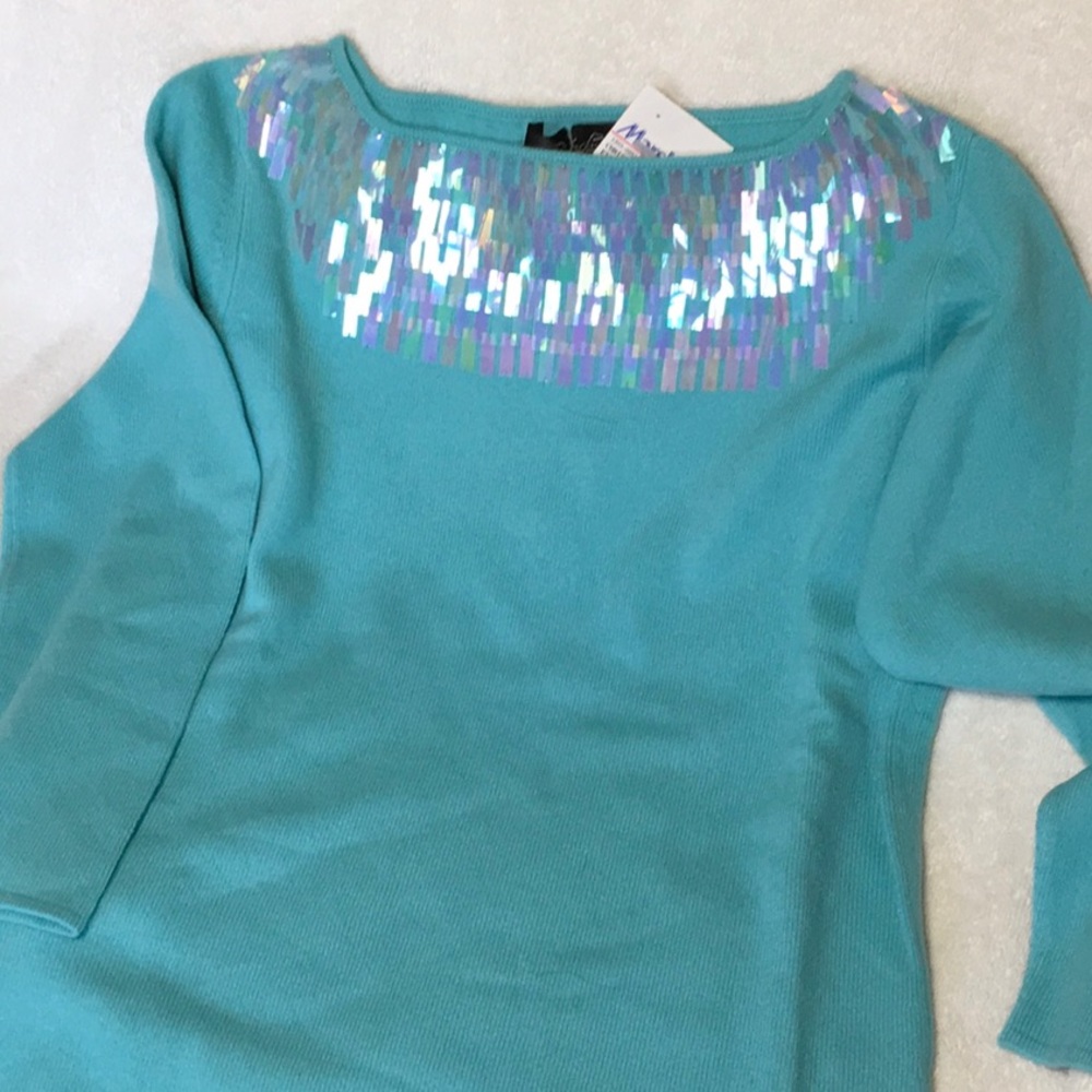 Aqua blue sequined cashmere sweater